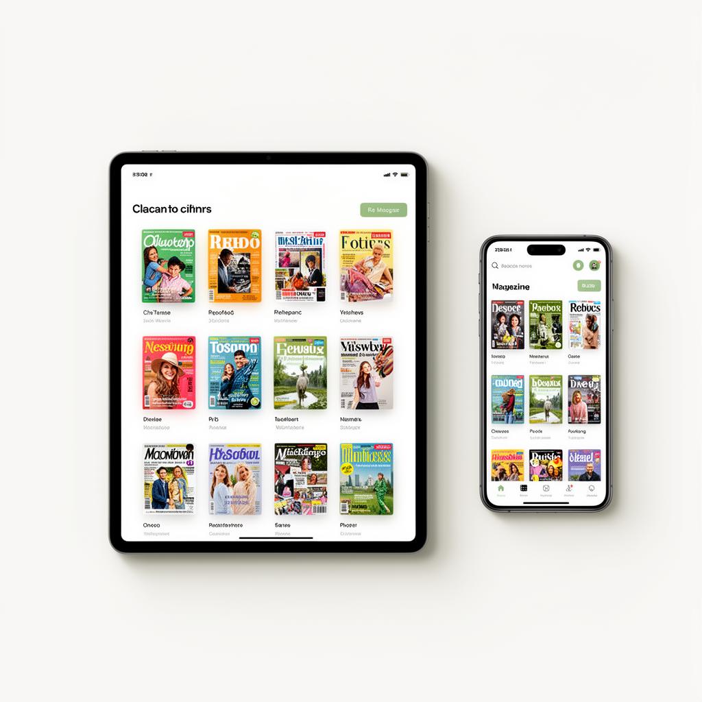 Vorschau der LeseLounge-App mit aufgefächerten Magazin-Covern auf Smartphone und Tablet