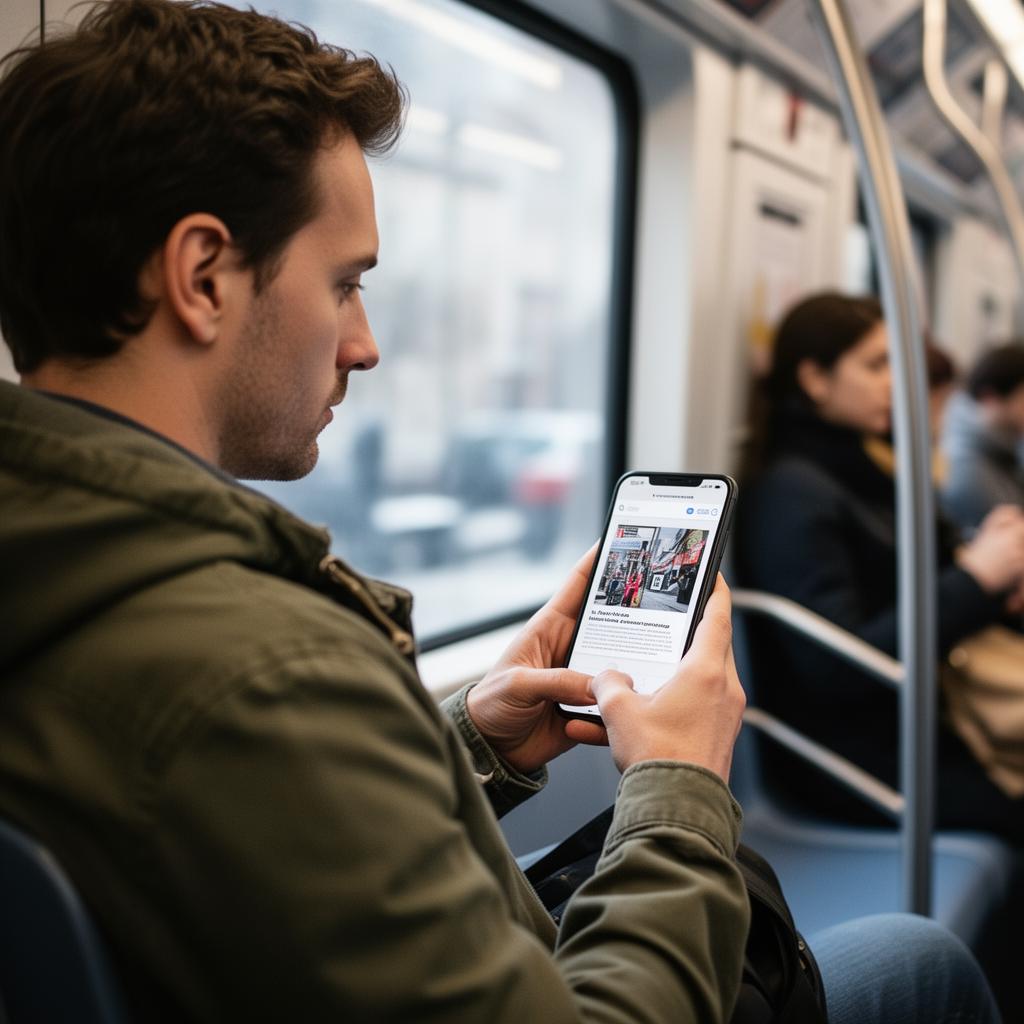 Pendlerin liest in der Bahn eine Zeitschrift auf dem Smartphone