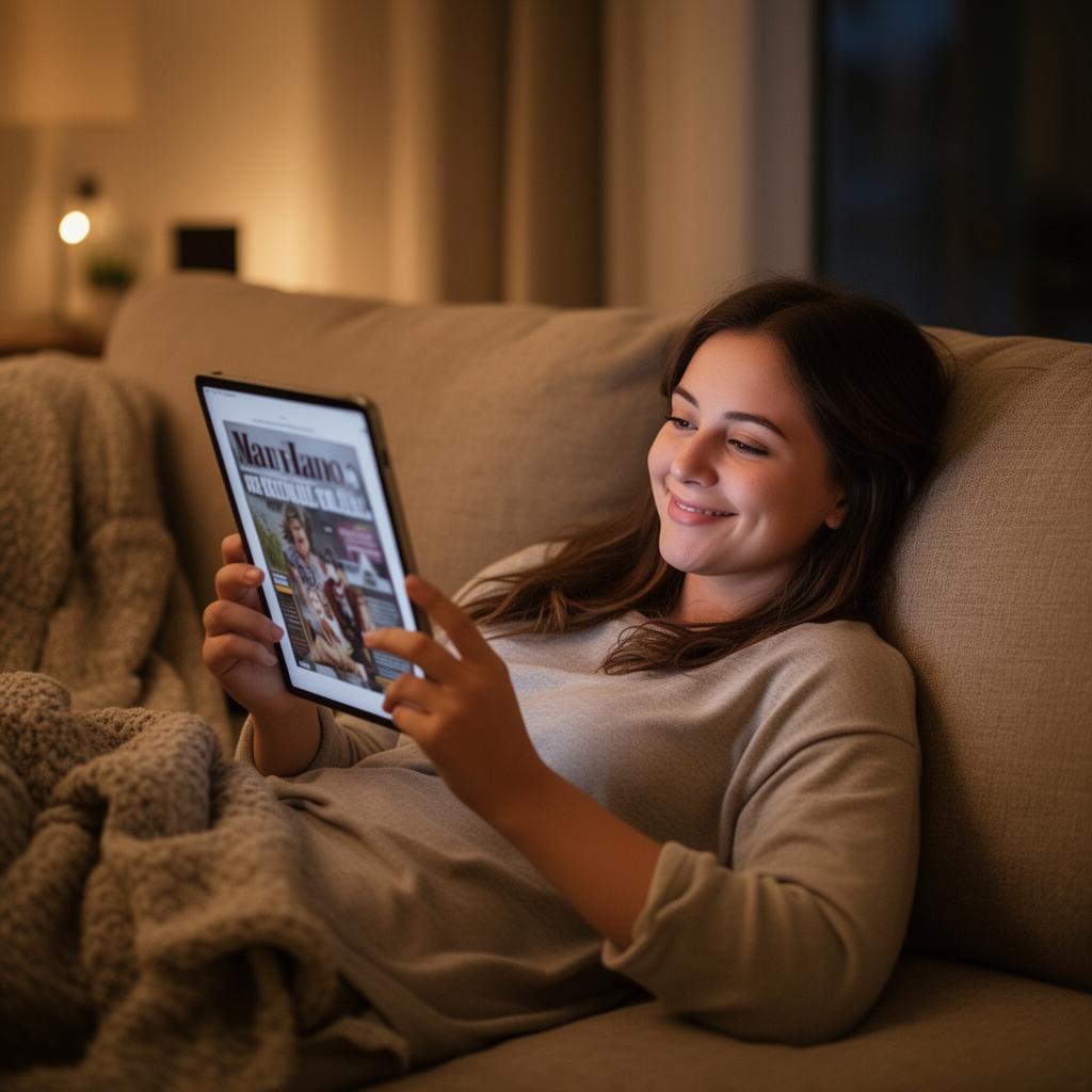 Person liest entspannt auf dem Sofa ein Magazin auf dem Tablet