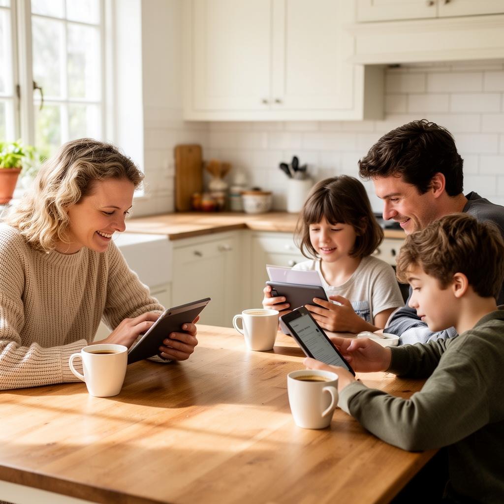 Familie liest gemeinsam digitale Magazine am Küchentisch